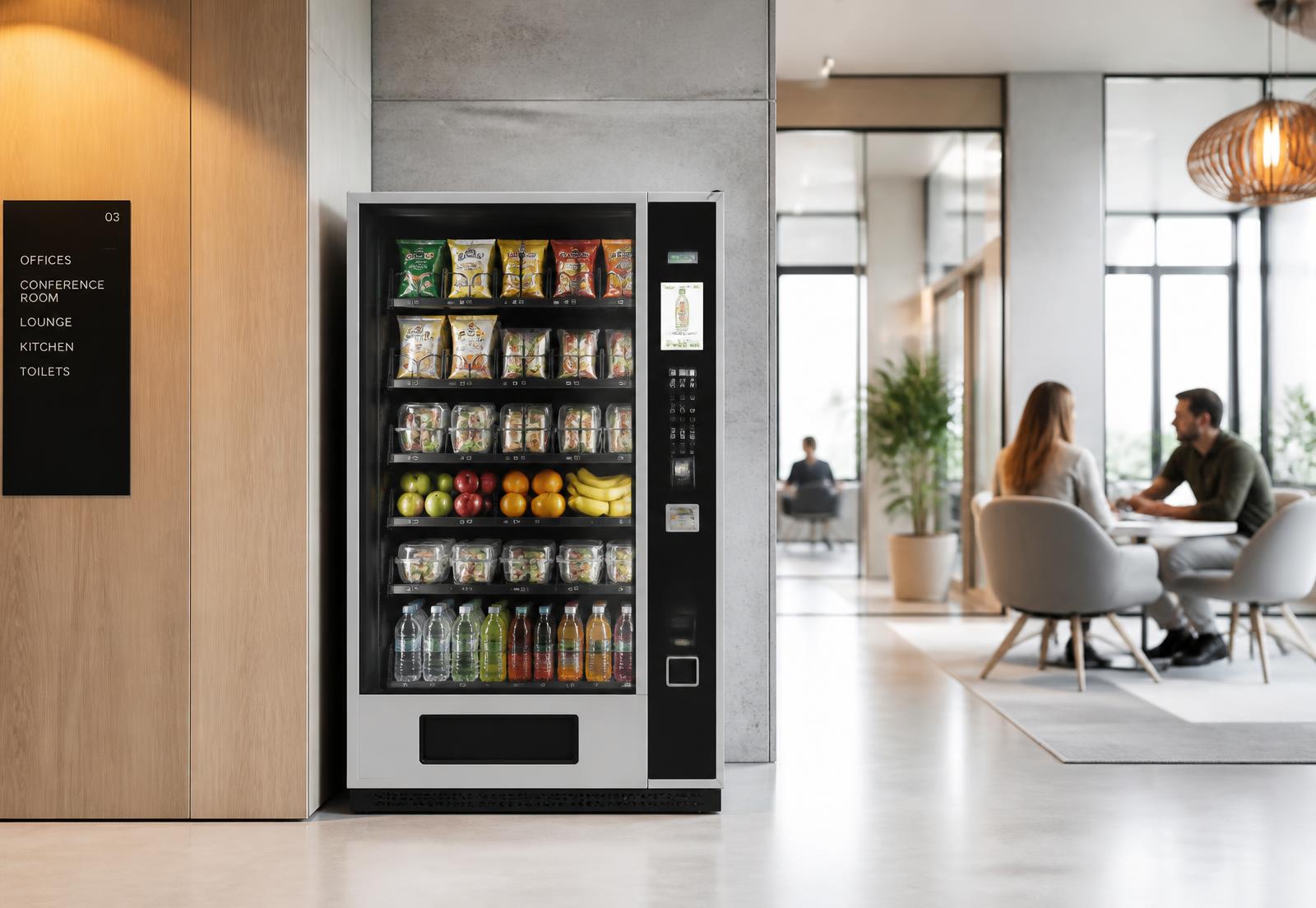 Modern varuautomat med mat och dryck i en kontorslobby i Stockholm