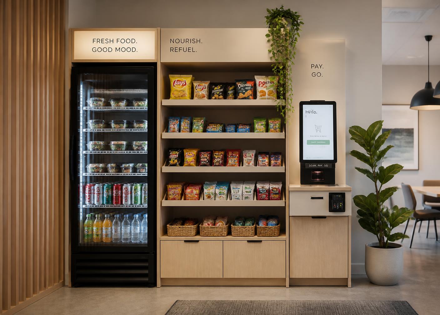 Mini kiosk med kyld mat, snackshyllor och självbetalning på ett kontor